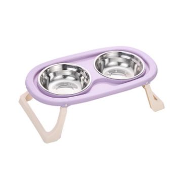 Picture of Collapsible Pet Bowl Eating Drinking Bowl Neck Guard Tall Double Bowl, Style: Stainless Steel Purple