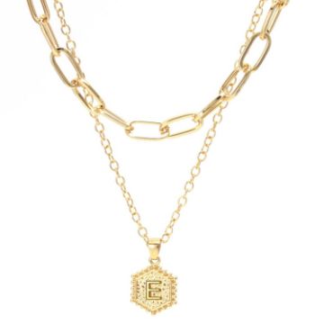 Picture of 26 Alphabet Double Layer Necklace Hexagonal Letter Pendant Layered Collarbone Chain, Style: E
