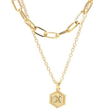Picture of 26 Alphabet Double Layer Necklace Hexagonal Letter Pendant Layered Collarbone Chain, Style: X