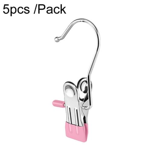 Picture of 5pcs/Pack Stainless Steel Flat Clip With Hook Anti-Scratch Catch Laundry Drying Holder (Pink)