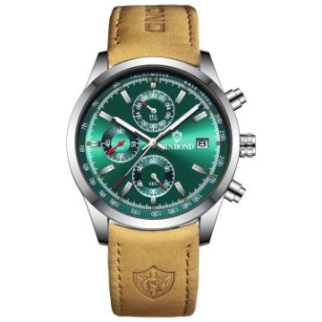 Picture of BINBOND B6022 30m Waterproof Luminous Multifunctional Quartz Watch, Color: Leather-White Steel-Green