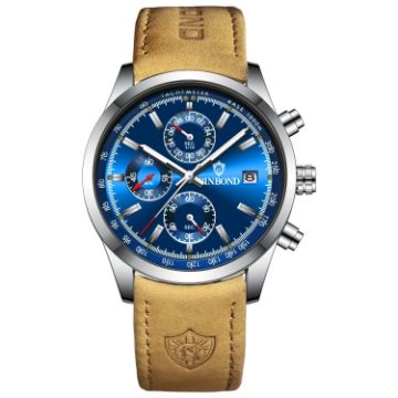 Picture of BINBOND B6022 30m Waterproof Luminous Multifunctional Quartz Watch, Color: Leather-White Steel-Blue