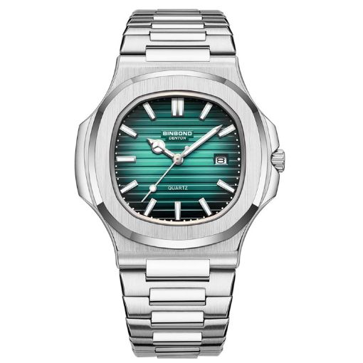 Picture of BINBOND B1885 30m Waterproof Retro Luminous Square Men Quartz Watch, Color: White Steel-Green