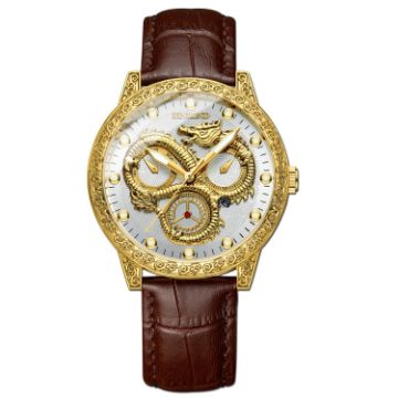Picture of BINBOND B3030 Embossed Dragon Luminous Waterproof Quartz Watch, Color: Brown Leather-Full-gold-White
