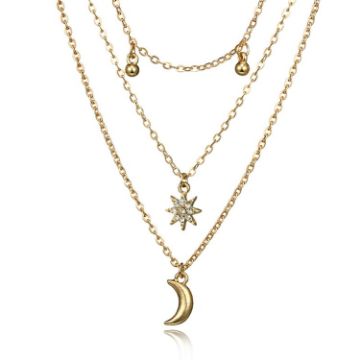 Picture of Versatile Round Beads Tassel Collarbone Chain Diamonds Eight-Pointed Star Moon Pendant Necklace (Gold)