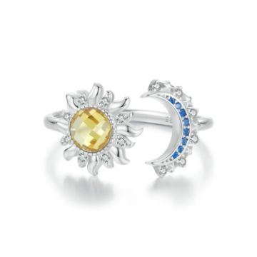 Picture of S925 Sterling Silver Platinum-plated Sun Moon Adjustable Open Ring (BSR546-E)