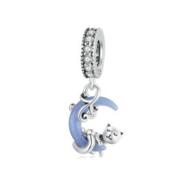Picture of S925 Sterling Silver Luminous Cute Moon Cat DIY Pendant Beads (SCC2747)