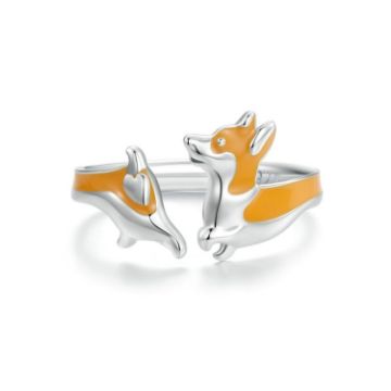 Picture of S925 Sterling Silver Platinum-plated Cute Naughty Corgi Pet Adjustable Open Ring (SCR1014-E)