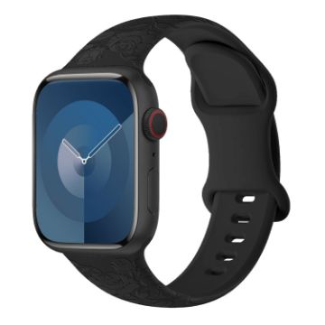Apple Watch SE 2022 44mm Rose Embossed Silicone Watch Band - Black - 1