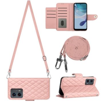 Motorola Moto G 5G 2023 Rhombic Texture Flip Leather Phone Case - Coral Pink - 1