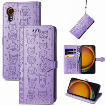 Samsung Galaxy Xcover 7 Cat and Dog Embossed Leather Phone Case - Purple - 1