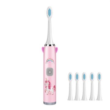 Picture of USB Charging Fully Automatic Ultrasonic Cartoon Children Electric Toothbrush, Color: Pink with 6 Heads