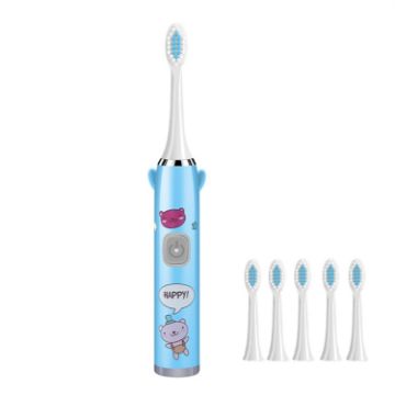 Picture of USB Charging Fully Automatic Ultrasonic Cartoon Children Electric Toothbrush, Color: Blue with 6 Heads