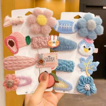 Plush Hair Clip Children Clip Blue Pink Peach - Set of 16 - 1
