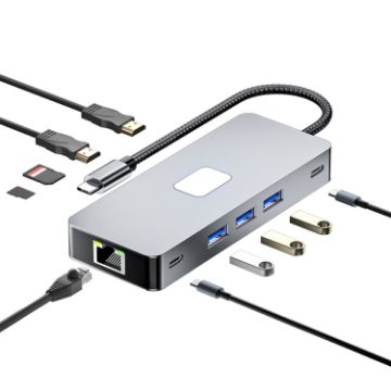 Picture of BYL-2315 10 in 1 Type-C to PD100W + USB3.0 + HDMI + RJ45 + SD/TF HUB Docking Station (Space Grey)