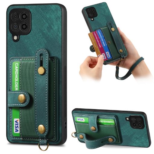 Samsung Galaxy A42 5G Retro Cross Wristband Wallet Leather Back Phone Case Green - 1