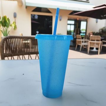 Picture of Small Summer Glitter Water Cup Plastic Ice Cold Drink Bottle with Straw (Light Blue)