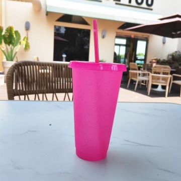 Picture of Small Summer Glitter Water Cup Plastic Ice Cold Drink Bottle with Straw (Rose Red)