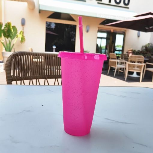 Picture of Large Summer Glitter Water Cup Plastic Ice Cold Drink Bottle with Straw (Rose Red)