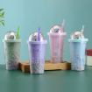 Picture of 401-500ml Rainbow Bubble Straw Cup Double-layer Plastic Girly Heart Drink Bottle (Purple)