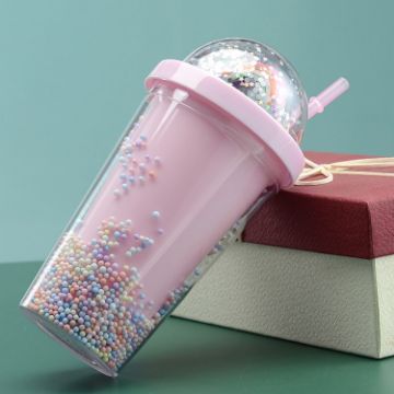 Picture of 401-500ml Rainbow Bubble Straw Cup Double-layer Plastic Girly Heart Drink Bottle (Pink)