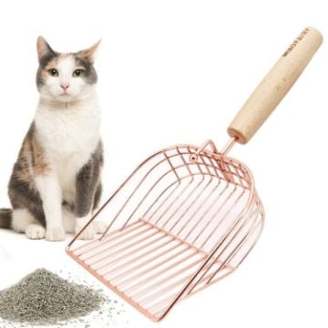 Picture of Large Solid Wood Handle Stainless Steel Metal Cat Litter Shovel (Rose Gold)