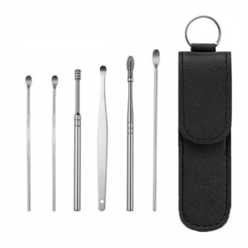 Picture of 6 In 1 Stainless Steel Spring Spiral Portable Ear Pick, Specification: Black Leather Case