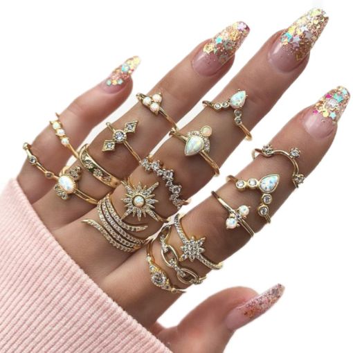 Bohemian Alloy Ring Set with Diamonds - 17pcs (SKU4832) - 1