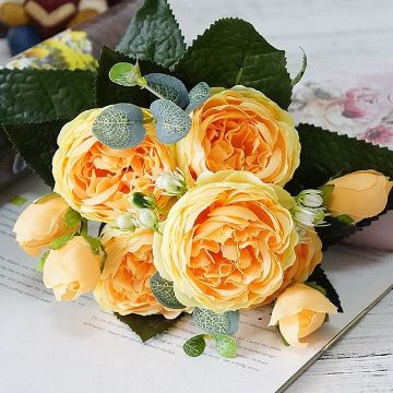 Picture of 5 PCS Artificial Rose Flowers Small Bouquet Flores Home Party Wedding Fake Flower Decoration (Yellow)