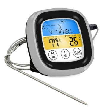 Picture of Kitchen Food Digital Display Touch Field Barbecue Thermometer Black with Silver Frame