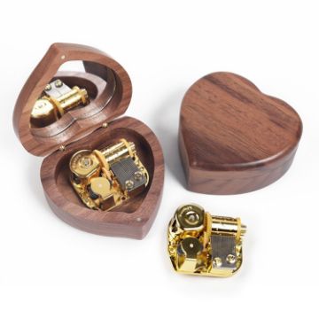 Picture of Wooden Heart Shape With Mirror Music Box Ornaments, Color: Walnut-Gold-plated Movement