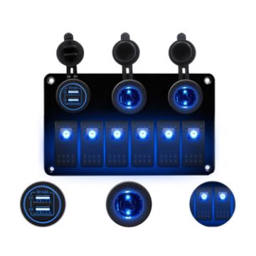Picture of Multi-functional Combination Switch Panel 12V/24V 6 Way Switches + Dual USB Charger for Car RV Marine Boat (Blue Light)