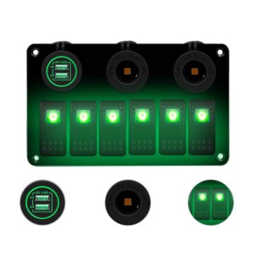 Picture of Multi-functional Combination Switch Panel 12V/24V 6 Way Switches + Dual USB Charger for Car RV Marine Boat (Green Light)