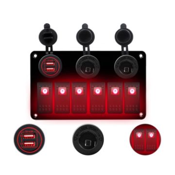 Picture of Multi-functional Combination Switch Panel 12V/24V 6 Way Switches + Dual USB Charger for Car RV Marine Boat (Red Light)