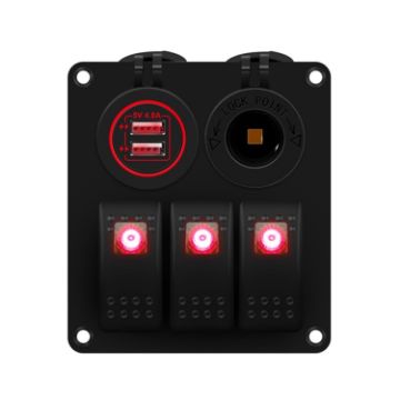 Picture of Multi-functional Combination Switch Panel 12V/24V 3 Way Switches + Dual USB Charger for Car RV Marine Boat (Red Light)