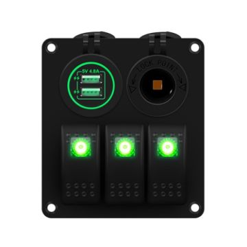 Picture of Multi-functional Combination Switch Panel 12V/24V 3 Way Switches + Dual USB Charger for Car RV Marine Boat (Green Light)