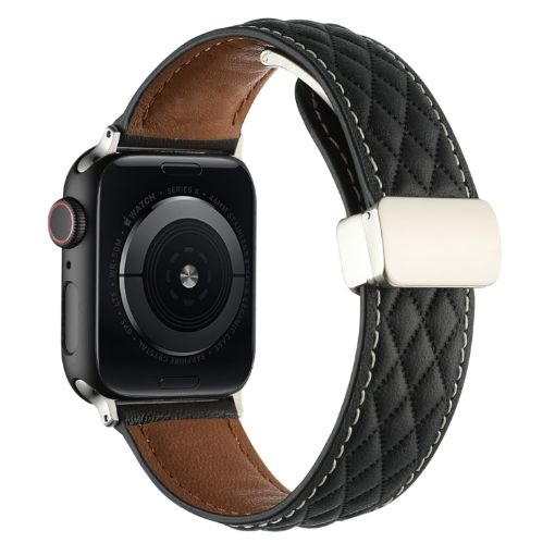 Apple Watch SE 2022 40mm Black Leather Band - Rhombus Pattern - 1