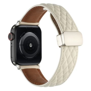 Picture of For Apple Watch SE 44mm Rhombus Pattern Magnetic Folding Buckle Leather Watch Band (Creamy White)