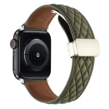 Picture of For Apple Watch Series 3 42mm Rhombus Pattern Magnetic Folding Buckle Leather Watch Band (Army Green)