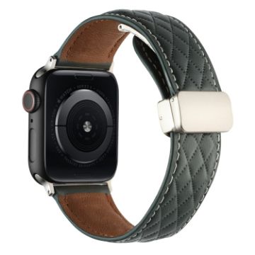 Picture of For Apple Watch Series 8 41mm Rhombus Pattern Magnetic Folding Buckle Leather Watch Band (Dark Green)