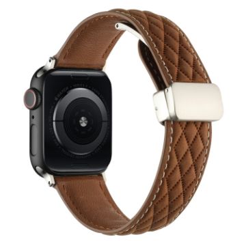 Picture of For Apple Watch SE 2022 44mm Rhombus Pattern Magnetic Folding Buckle Leather Watch Band (Dark Brown)