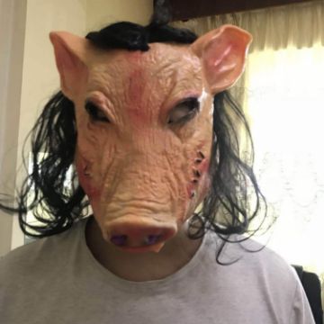 Picture of Halloween Mask Latex Pig Head Cap Halloween Festival Party Fancy Pig Face Masquerade Masks with Hair