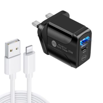 Picture of PD25W USB-C/Type-C + QC3.0 USB Dual Ports Fast Charger with USB to 8 Pin Data Cable, UK Plug (Black)