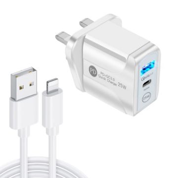 Picture of PD25W USB-C/Type-C + QC3.0 USB Dual Ports Fast Charger with USB to 8 Pin Data Cable, UK Plug (White)