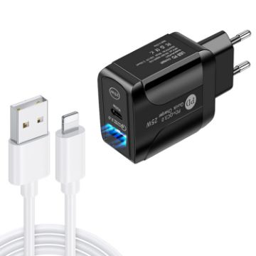 Picture of PD25W USB-C/Type-C + QC3.0 USB Dual Ports Fast Charger with USB to 8 Pin Data Cable, EU Plug (Black)
