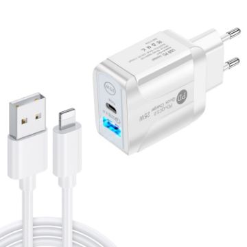 Picture of PD25W USB-C/Type-C + QC3.0 USB Dual Ports Fast Charger with USB to 8 Pin Data Cable, EU Plug (White)