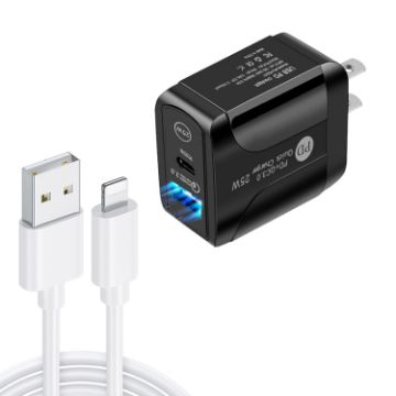 Picture of PD25W USB-C/Type-C + QC3.0 USB Dual Ports Fast Charger with USB to 8 Pin Data Cable, US Plug (Black)