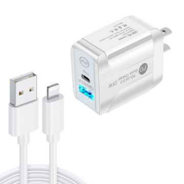 Picture of PD25W USB-C/Type-C + QC3.0 USB Dual Ports Fast Charger with USB to 8 Pin Data Cable, US Plug (White)