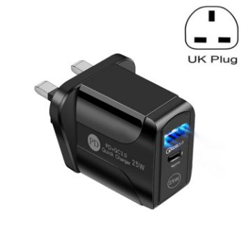 Picture of PD25W USB-C/Type-C + QC3.0 USB Dual Ports Fast Charger, UK Plug (Black)