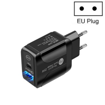 Picture of PD25W USB-C/Type-C + QC3.0 USB Dual Ports Fast Charger, EU Plug (Black)